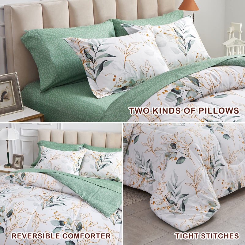 Joyreap 7 Piece Bed in a Bag Queen, Green Leaves Printed on White Botanical Design, Microfiber Set for All Season (1 Comforter, 2 Pillow Shams, 1 Flat Sheet, 1 Fitted Sheet, 2 Pillowcases) - Image 5