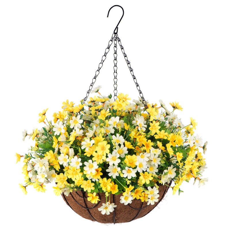 Ammyoo Artificial Hanging Flowers with Basket for Fall Outdoor Decor Fake Fall Mums for Autumn Faux Daisy Flowers Uv Resistant for Patio Garden Porch Deck Indoor DecorationYellow White