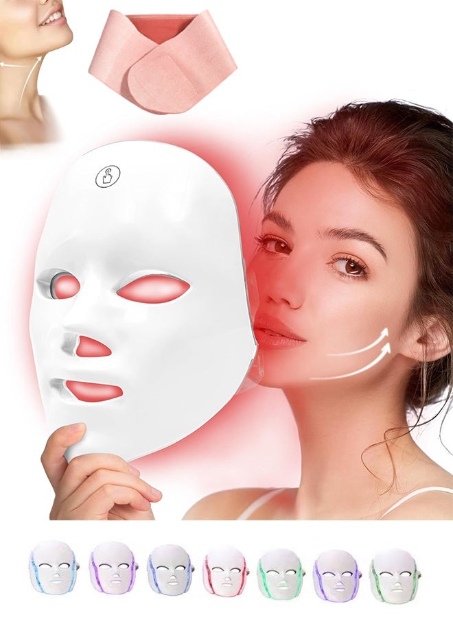 7-1 Colors LED Facial Skin Care Mask With Neck Wrinkle Patch,  Red Light Mask for Face, Facial Skincare At Home, Portable and Rechargeable - Image 1