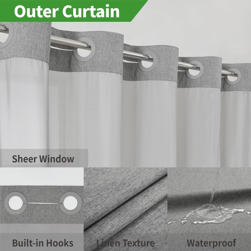 eachope No Hooks Needed Linen Textured Shower Curtain with Snap-in Fabric Liner Set,Hotel Luxury Decor Shower Curtains for Bathroom with See Through Top Window,Waterproof & Washable,71Wx74H,Gray - Image 3