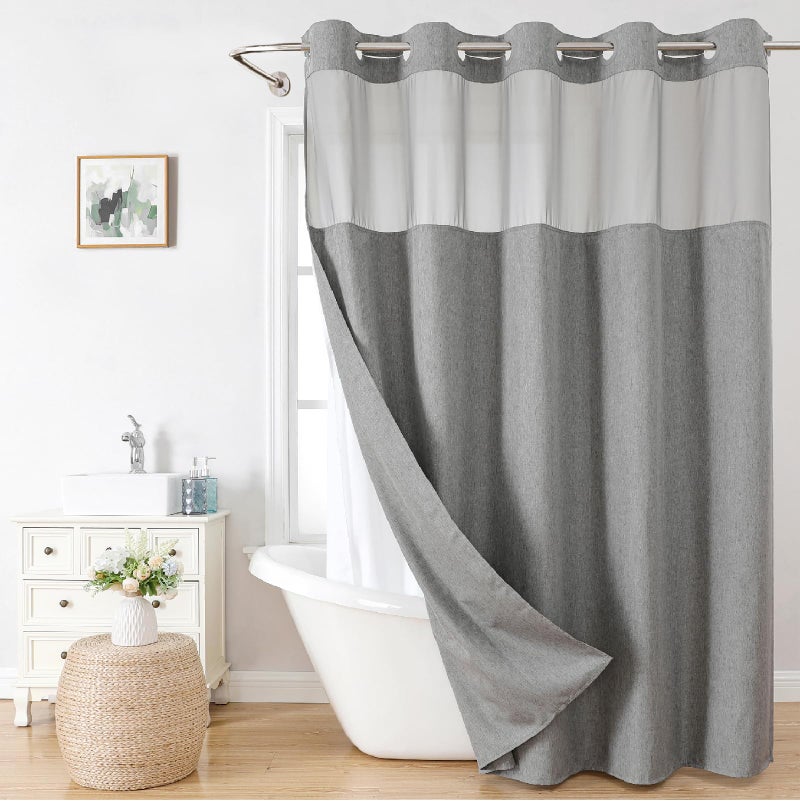 eachope No Hooks Needed Linen Textured Shower Curtain with Snap-in Fabric Liner Set,Hotel Luxury Decor Shower Curtains for Bathroom with See Through Top Window,Waterproof & Washable,71Wx74H,Gray - Image 1