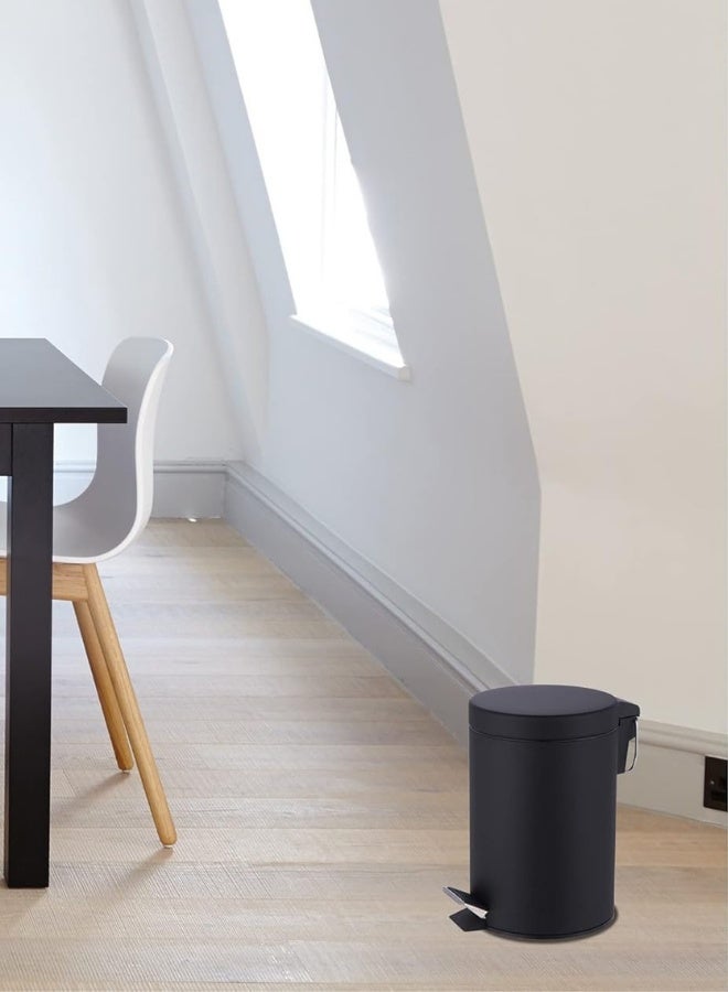Chase Up Round Colour Coated Pedal Bin 3L Dustbin Size 26x17cm for Kitchen and bathroom, Matt Black, Powder Coated Steel, 3 Litre - Image 2