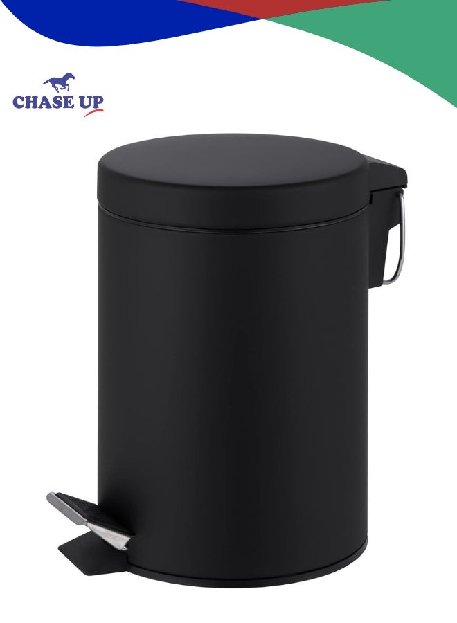 Chase Up Round Colour Coated Pedal Bin 3L Dustbin Size 26x17cm for Kitchen and bathroom, Matt Black, Powder Coated Steel, 3 Litre - Image 1