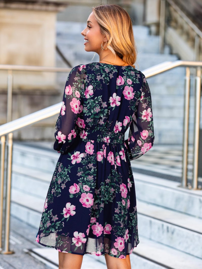 Simplee Womens Floral Mini Dress - Long Sleeve Casual V Neck Chiffon Modest Boho Flowy Fall Wedding Guest Dresses,Pink Floral L - Image 4