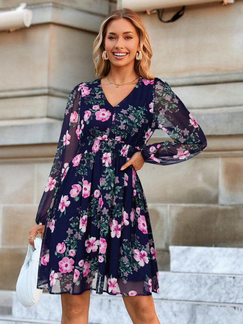 Simplee Womens Floral Mini Dress - Long Sleeve Casual V Neck Chiffon Modest Boho Flowy Fall Wedding Guest Dresses,Pink Floral L - Image 3