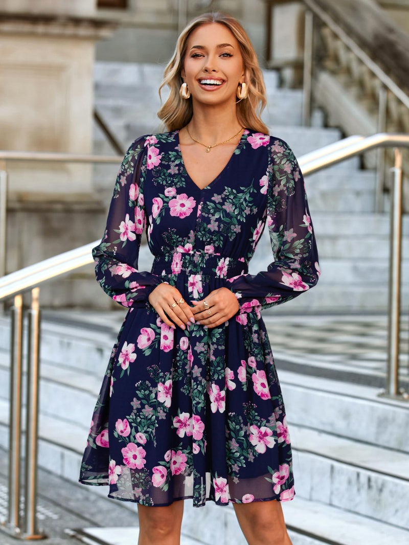 Simplee Womens Floral Mini Dress - Long Sleeve Casual V Neck Chiffon Modest Boho Flowy Fall Wedding Guest Dresses,Pink Floral L - Image 5
