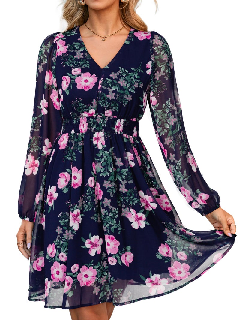 Simplee Womens Floral Mini Dress - Long Sleeve Casual V Neck Chiffon Modest Boho Flowy Fall Wedding Guest Dresses,Pink Floral L - Image 1