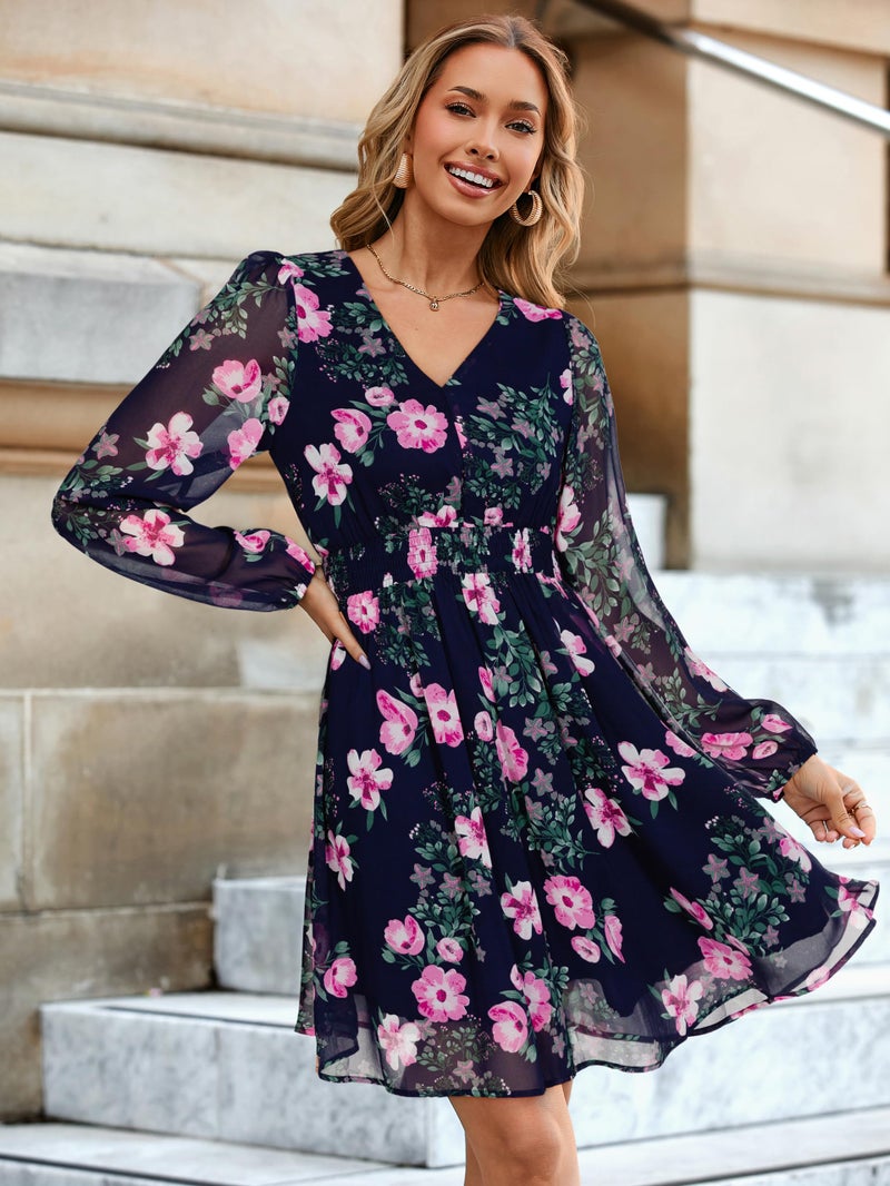 Simplee Womens Floral Mini Dress - Long Sleeve Casual V Neck Chiffon Modest Boho Flowy Fall Wedding Guest Dresses,Pink Floral L - Image 2
