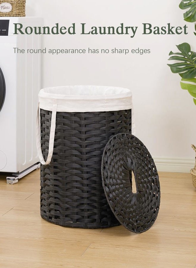 SETVSON Laundry Hamper with Lid Laundry Basket with Lid 19.0 Gal (72 L) Round Wicker Laundry Basket Handwoven Rattan Basket with Lid Removable Bag 2 Mesh Bags Handles for Living Room Bathroom Black - Image 2