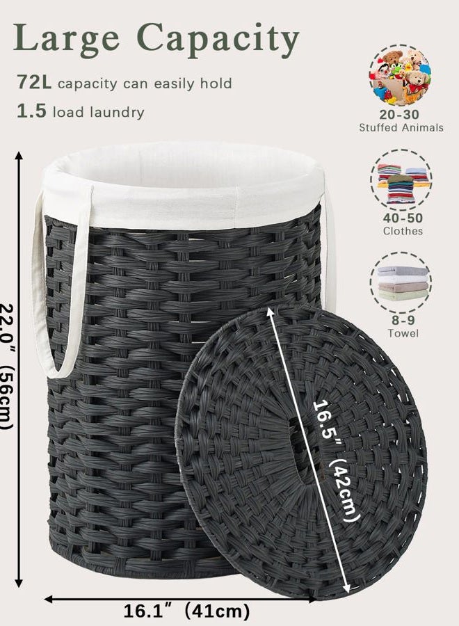 SETVSON Laundry Hamper with Lid Laundry Basket with Lid 19.0 Gal (72 L) Round Wicker Laundry Basket Handwoven Rattan Basket with Lid Removable Bag 2 Mesh Bags Handles for Living Room Bathroom Black - Image 4