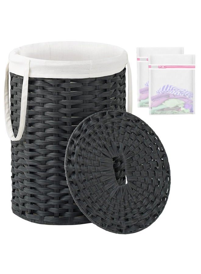 SETVSON Laundry Hamper with Lid Laundry Basket with Lid 19.0 Gal (72 L) Round Wicker Laundry Basket Handwoven Rattan Basket with Lid Removable Bag 2 Mesh Bags Handles for Living Room Bathroom Black - Image 1