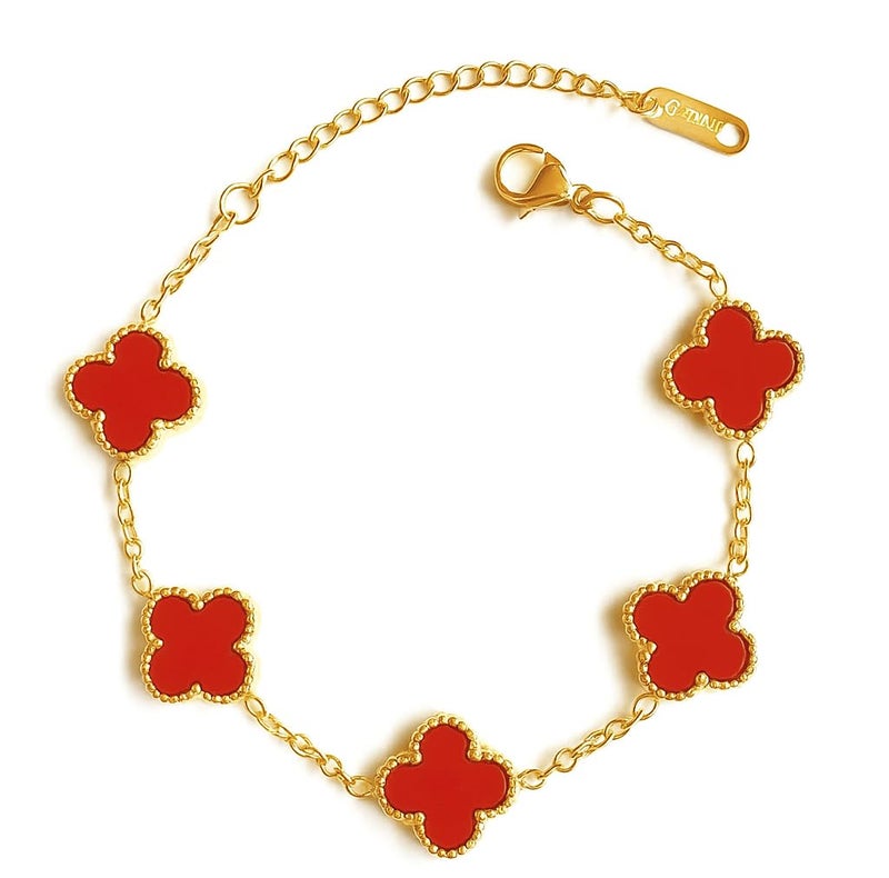STYOLLO Red Clover Charm Bracelet for Women & Girls | Stylish Gold-Plated Four Leaf Design | Lucky Enamel Jewelry for Festivals, Parties & Casual | Trendy Gift for Her-(Red) - Image 1