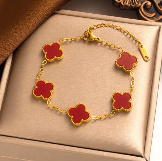 STYOLLO Red Clover Charm Bracelet for Women & Girls | Stylish Gold-Plated Four Leaf Design | Lucky Enamel Jewelry for Festivals, Parties & Casual | Trendy Gift for Her-(Red) - Image 2