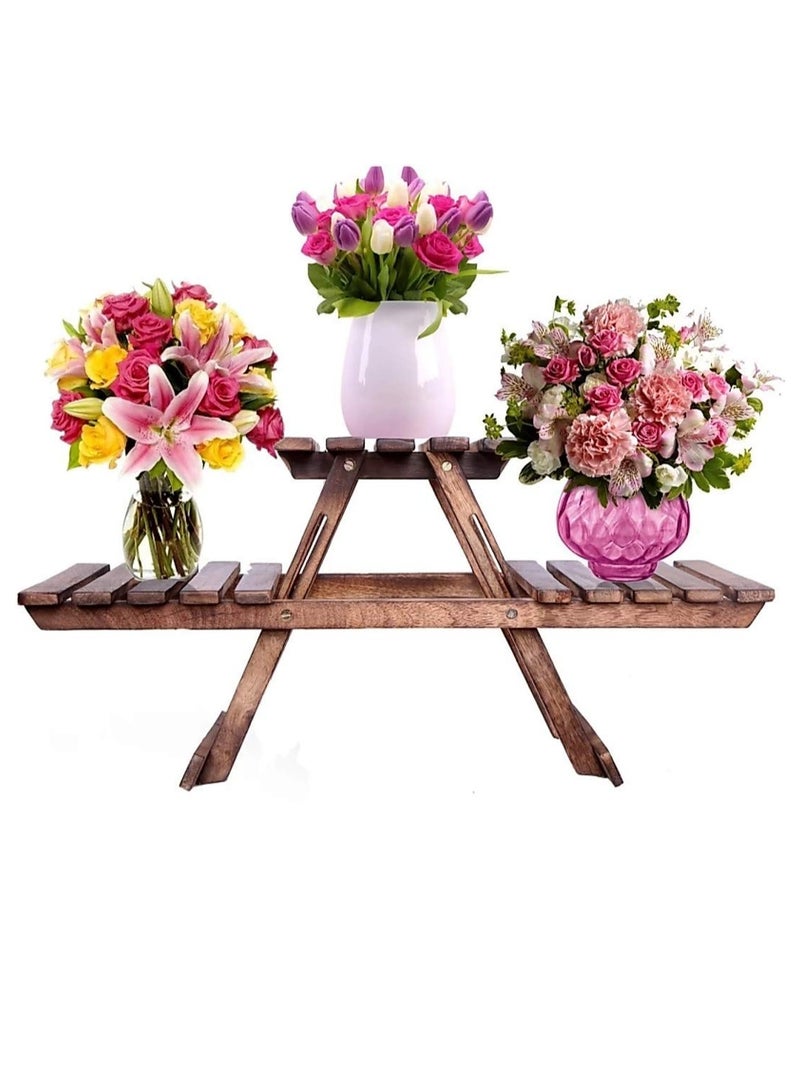 DubaiGallery Wooden Multipurpose Folding Rack/Plant Stand 3 Deck/Living Room Side Stand/Wooden Stool/Flower Pot Stand/Vase Stand Plant Stand for Garden & Outdoor - Image 1