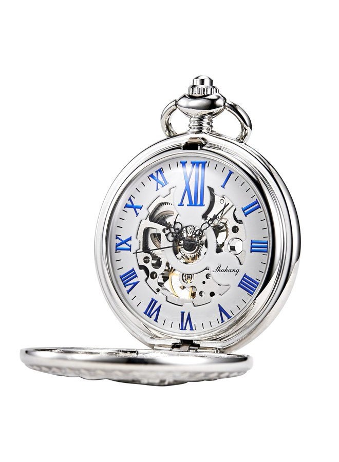 TREEWETO Mens Womens Antique Mechanical Pocket Watch Skeleton Silver Case Steam Train Railroad Roman Numerals - Image 2