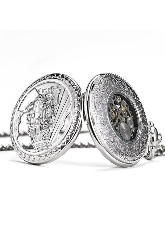 TREEWETO Mens Womens Antique Mechanical Pocket Watch Skeleton Silver Case Steam Train Railroad Roman Numerals - Image 4