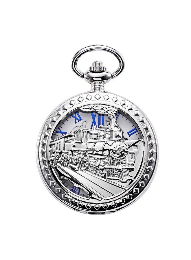 TREEWETO Mens Womens Antique Mechanical Pocket Watch Skeleton Silver Case Steam Train Railroad Roman Numerals - Image 1