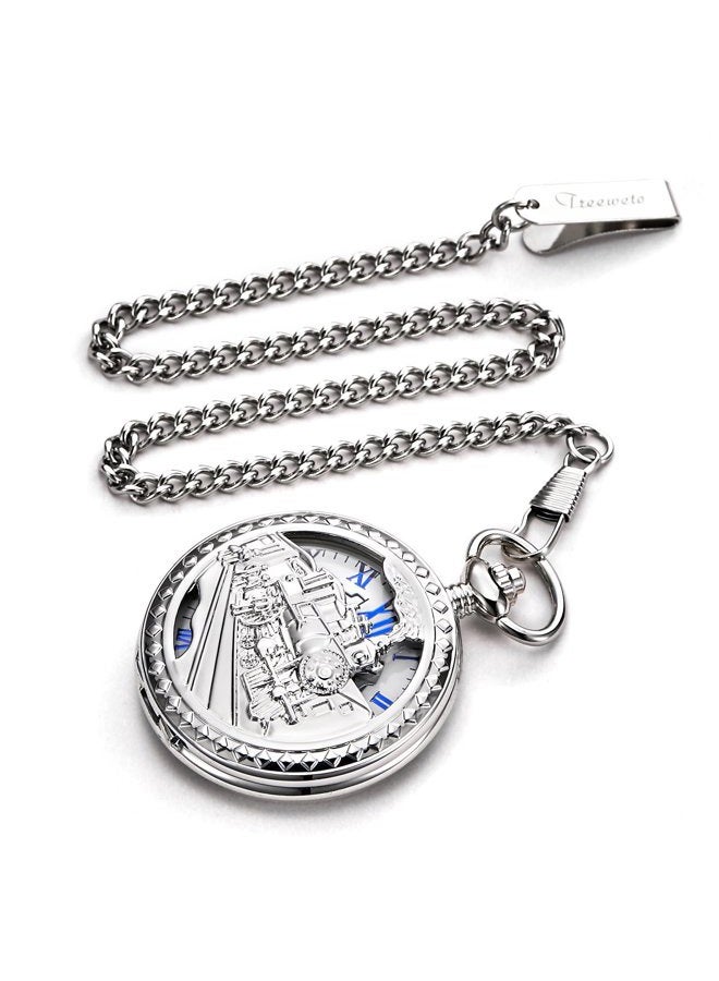 TREEWETO Mens Womens Antique Mechanical Pocket Watch Skeleton Silver Case Steam Train Railroad Roman Numerals - Image 3
