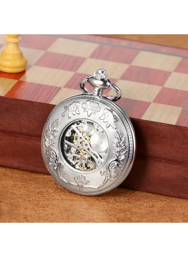 TREEWETO Mens Womens Antique Mechanical Pocket Watch Skeleton Silver Case Steam Train Railroad Roman Numerals - Image 5
