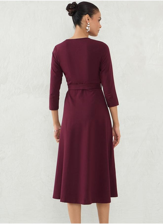 Femmella - Maroon Plain Wrap Look A-Line Midi Dress by Styli - Image 1
