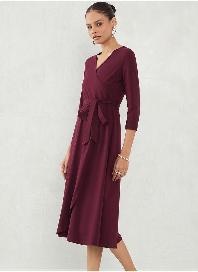 Femmella - Maroon Plain Wrap Look A-Line Midi Dress by Styli - Image 1