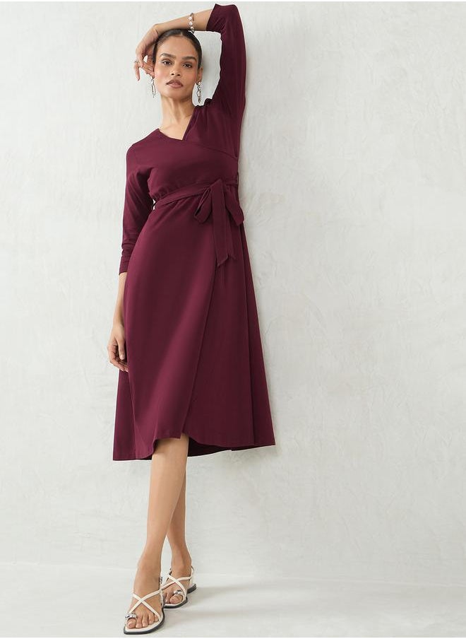 Femmella - Maroon Plain Wrap Look A-Line Midi Dress by Styli - Image 1