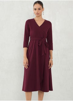 Maroon Plain Wrap Look A-Line Midi Dress by Styli