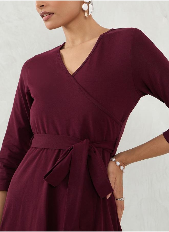 Femmella - Maroon Plain Wrap Look A-Line Midi Dress by Styli - Image 1