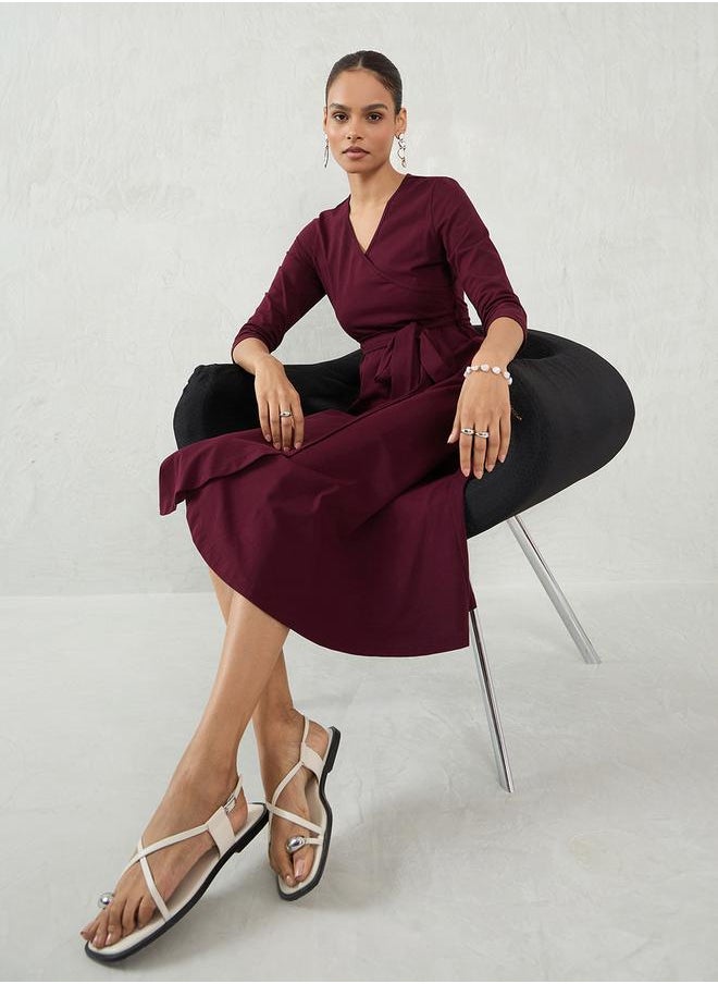 Femmella - Maroon Plain Wrap Look A-Line Midi Dress by Styli - Image 1
