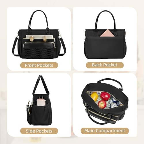 HSHRISH Lunch Box for Women Insulated Lunch Bag Women - LeakProof Lunch Tote Bag With Adjustable Shoulder Straps and Side Pockets,Reusable Womens Cooler Bag for Work Picnic Hiking Classic Black - Image 3