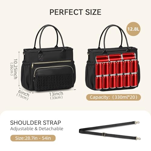 HSHRISH Lunch Box for Women Insulated Lunch Bag Women - LeakProof Lunch Tote Bag With Adjustable Shoulder Straps and Side Pockets,Reusable Womens Cooler Bag for Work Picnic Hiking Classic Black - Image 2