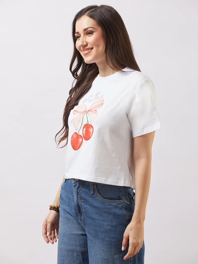globus Women White Round Neck Short Sleeves Cherry Print Oversized T-Shirt