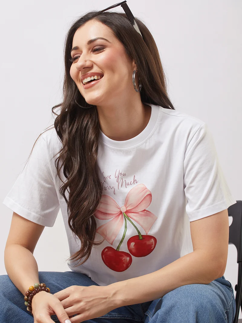 globus Women White Round Neck Short Sleeves Cherry Print Oversized T-Shirt