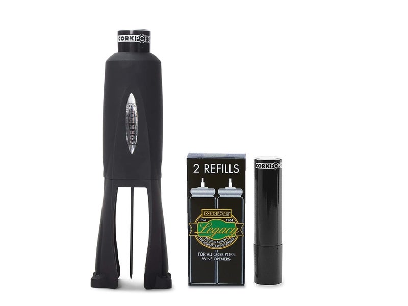 Cork Pops Legacy Wine Opener w/ 3 Refill Cartridges Built-in 4-Blade Foil Cutter Safe Cork Removal, Effortless Push Button Use, Needle Guard for Safety, Low-Pressure Cartridge Opens Up To 60 Bottles - Image 1