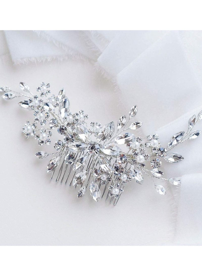 KASTWAVE Opal Crystal Hair Comb Bridal Pieces Flower Bride Wedding Accessories with Pearl Side Combs Headpiece for Women Silver - Image 3