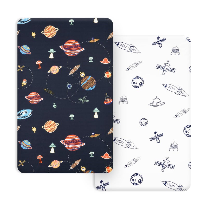 PHF Soft Mini Crib Sheet Set 2 Pack Silky Comfy Pack N Play Sheets for Boys Girls Universal Fit for Pack N Play Playard and Mini Crib Mattresses Space