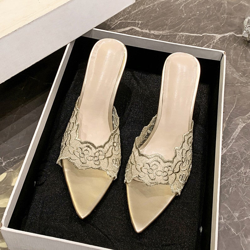 2025 Style Lace Pointed Heel Fish Mouth Fashion Comfortable Outer Wear Set Feet Sandals - Image 1