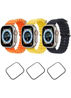 Silicone Ocean Band Strap for Apple Watch Ultra 8 49mm Orange,Yellow and Black Set of 3 with 3 * 49mm Watch glass
