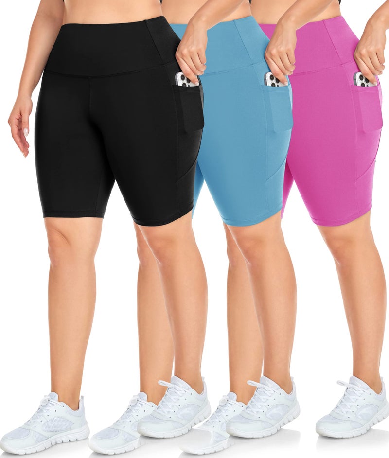 NEW YOUNG 3 Pack Plus Size Biker Shorts with Pockets for Women-High Waisted 8" Yoga Pants Workout Shorts - Image 1