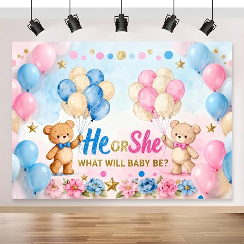Dormirpilow Gender Reveal Backdrop 7x5FT, We Can Bearly Wait Backdrop, Boy or Girl Bear Gender Reveal Decoration, He or She Photography Background for Baby Shower Party Decor Photo Booth Studio Props - Image 1