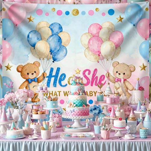 Dormirpilow Gender Reveal Backdrop 7x5FT, We Can Bearly Wait Backdrop, Boy or Girl Bear Gender Reveal Decoration, He or She Photography Background for Baby Shower Party Decor Photo Booth Studio Props - Image 4