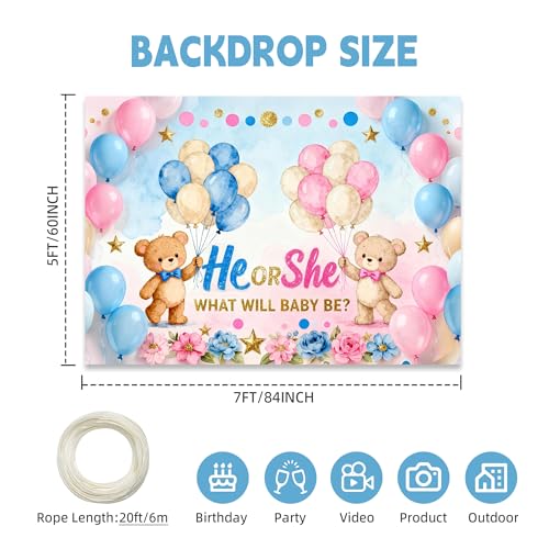Dormirpilow Gender Reveal Backdrop 7x5FT, We Can Bearly Wait Backdrop, Boy or Girl Bear Gender Reveal Decoration, He or She Photography Background for Baby Shower Party Decor Photo Booth Studio Props - Image 2