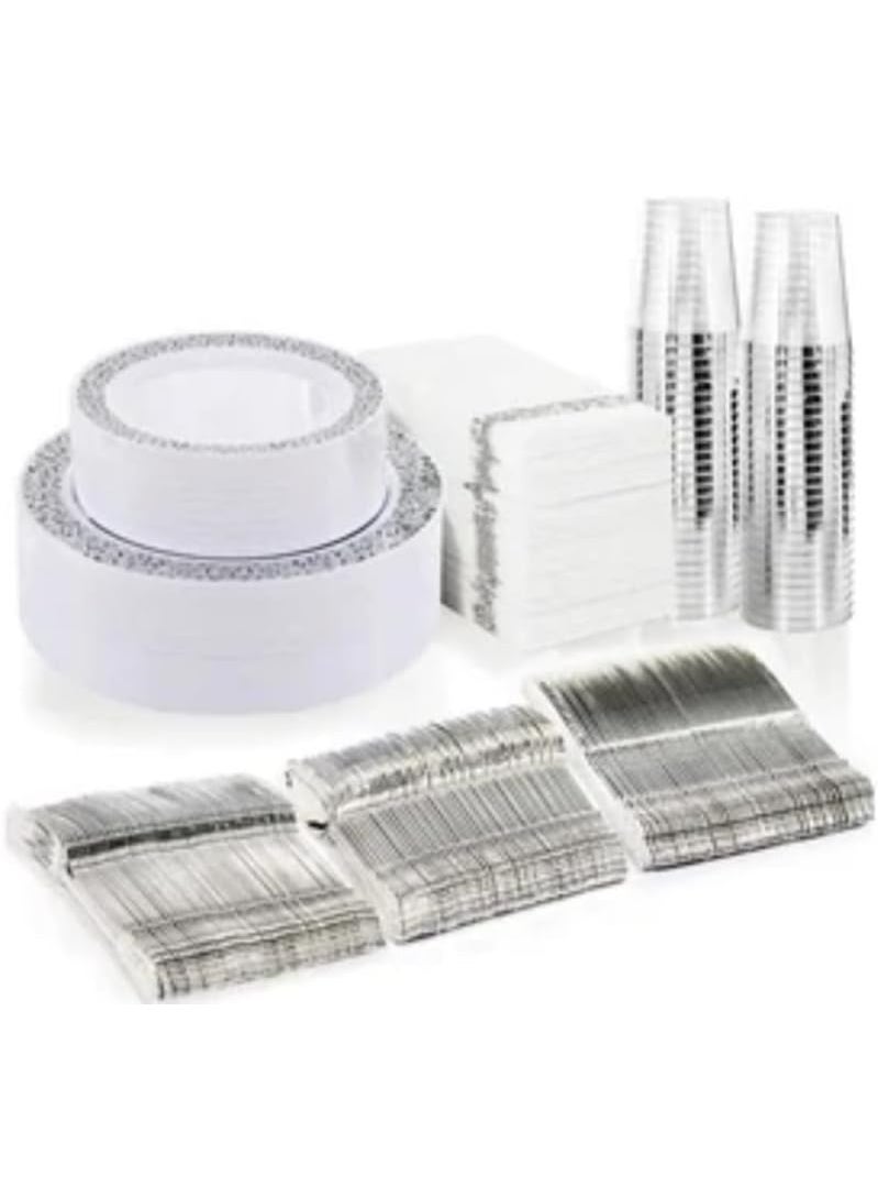 175PCS Silver Plastic Tableware Set - Silver Plastic Plates, silver Plastic dinnerware silver  Cups, silver  Cutlery, and Silver Napkins for 25 People - Ideal for home and events - Image 1