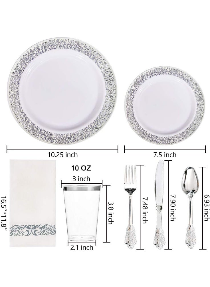 175PCS Silver Plastic Tableware Set - Silver Plastic Plates, silver Plastic dinnerware silver  Cups, silver  Cutlery, and Silver Napkins for 25 People - Ideal for home and events - Image 2