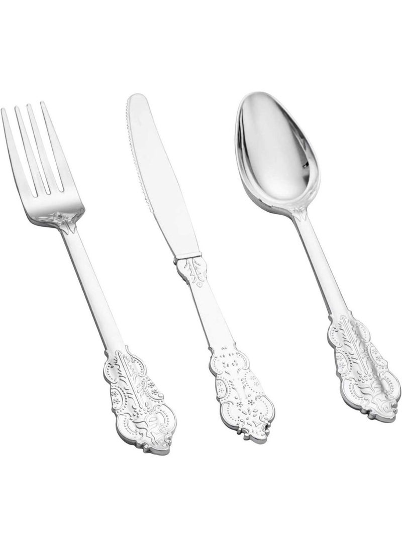 175PCS Silver Plastic Tableware Set - Silver Plastic Plates, silver Plastic dinnerware silver  Cups, silver  Cutlery, and Silver Napkins for 25 People - Ideal for home and events - Image 3