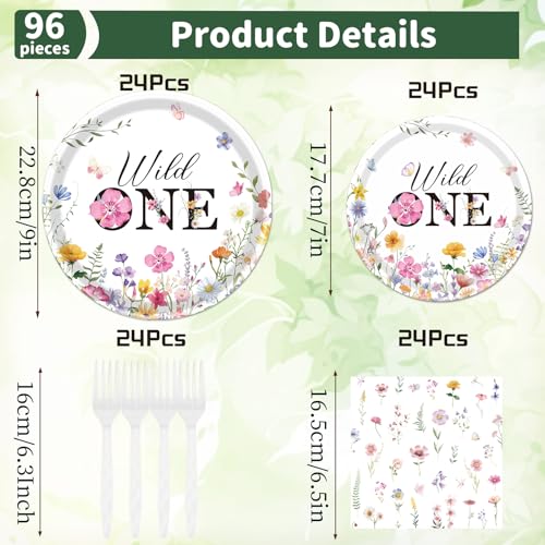 Rakuto Wildflower 1st Birthday Decorations Supplies 96PCS Flower Wildflower One Paper Plates Napkins Disposable Floral Paety Tableware for Girls Serves 24 - Image 5