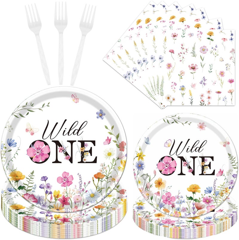 Rakuto Wildflower 1st Birthday Decorations Supplies 96PCS Flower Wildflower One Paper Plates Napkins Disposable Floral Paety Tableware for Girls Serves 24 - Image 3
