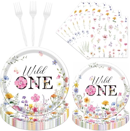 Rakuto Wildflower 1st Birthday Decorations Supplies 96PCS Flower Wildflower One Paper Plates Napkins Disposable Floral Paety Tableware for Girls Serves 24 - Image 1