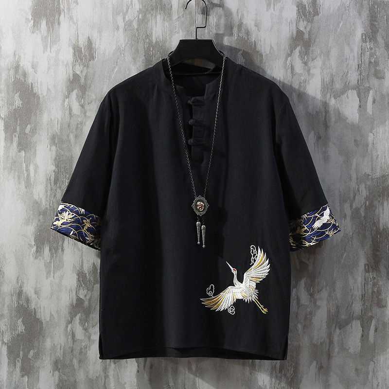 Embroidered Linen Short-sleeved T-shirt Men's Summer Thin Loose Trendy Brand plus size Tang Coat Chinese Style Cotton and Linen Buckle T-shirt - Image 1