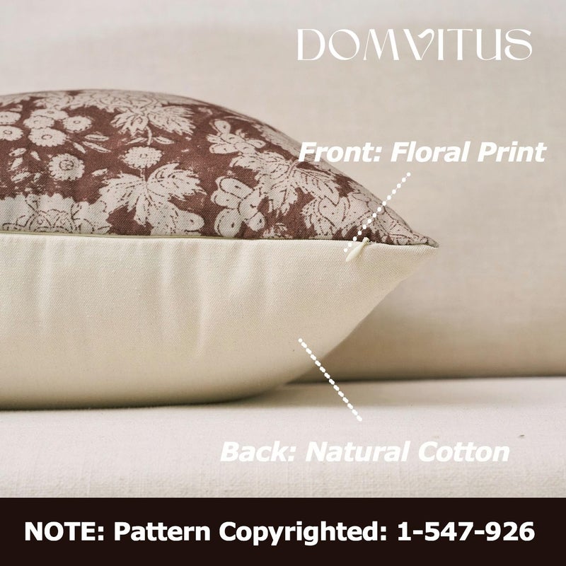 DOMVITUS Floral Pillow Covers 18x18 Set of 2, Vintage Block Print Pillow Covers Neutral Decorative Farmhouse Throw Pillow Covers for Bed Couch Living Room Brown - Image 2